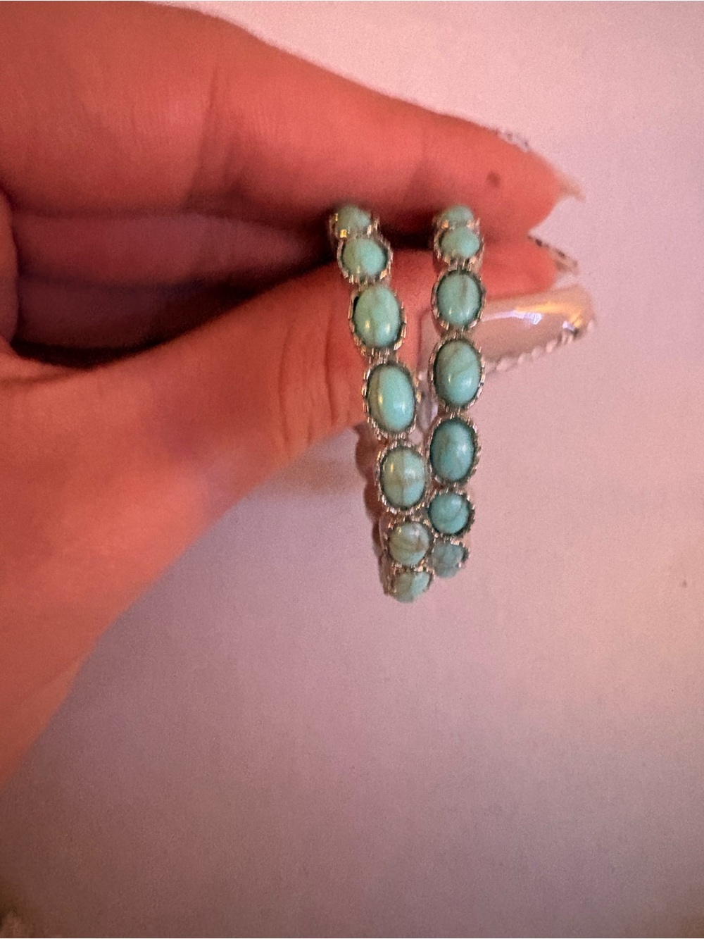 SHEIN Turquoise Oval Stone Silver-Trim Hoop Earrings